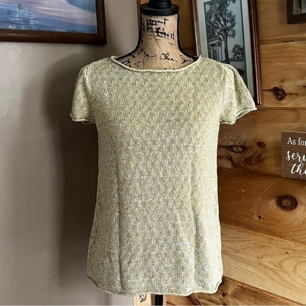 Eileen Fisher Gold/White Linen Leaf Knit Sweater Shirt